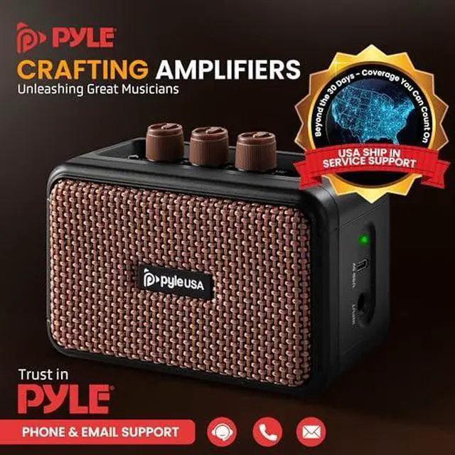 Alt view image 4 of 6 - Pyle 5W Portable Mini Electric Guitar Amplifier, Battery Powered Desktop Practice Amp, Bluetooth, Full Range Speakers, Tone Controls, Lightweight, Headphone Jack, Black
