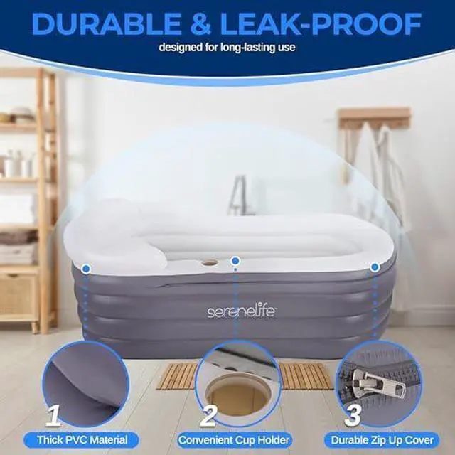 Alt view image 4 of 7 - SereneLife Inflatable Spa Bathtub with Bubble Massage Mat, LED Lighting, Pillow, Cup Holder & Remote Control