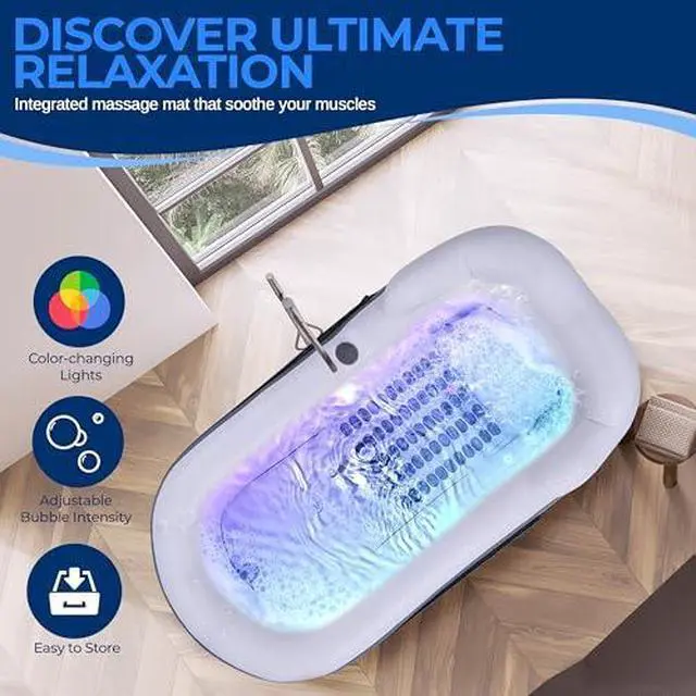 Alt view image 7 of 7 - SereneLife Inflatable Spa Bathtub with Bubble Massage Mat, LED Lighting, Pillow, Cup Holder & Remote Control