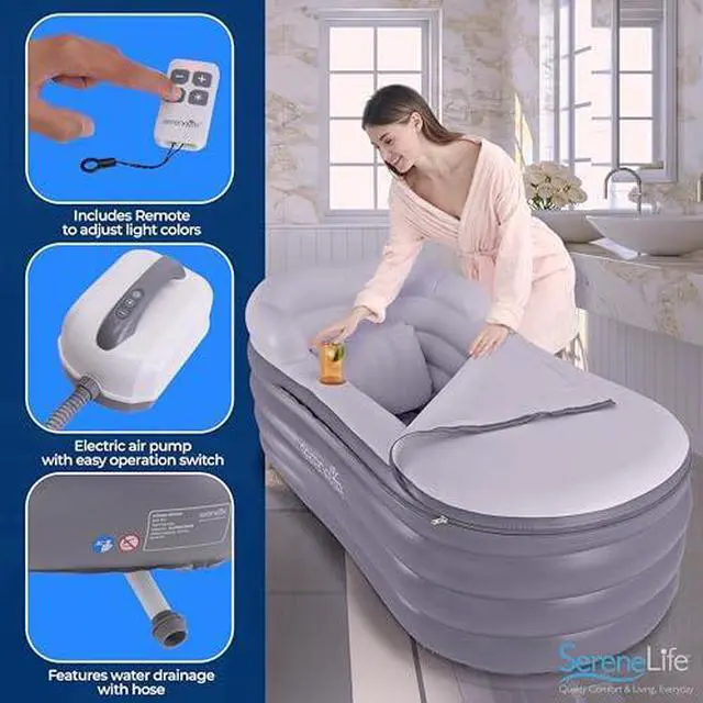 Alt view image 6 of 7 - SereneLife Inflatable Spa Bathtub with Bubble Massage Mat, LED Lighting, Pillow, Cup Holder & Remote Control