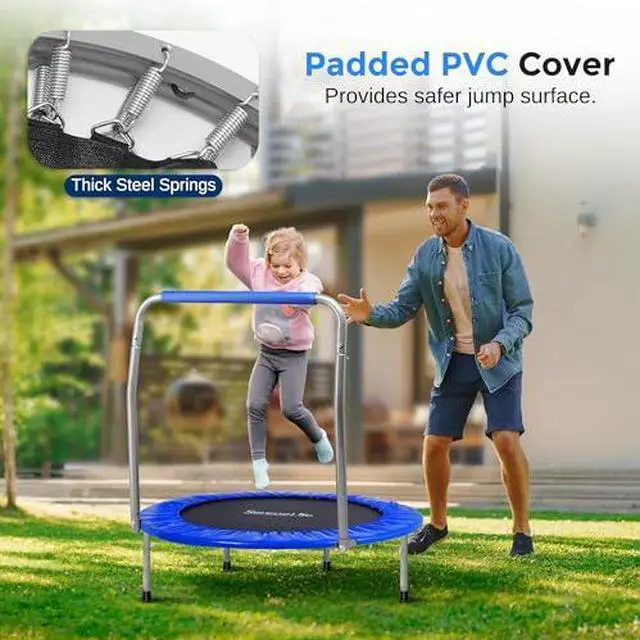 Alt view image 4 of 7 - SereneLife 36" Mini Foldable Toddler Trampoline with Handle Bar, Rebounder Trampoline for Kids, Indoor/Garden Fitness & Play, Exercise Fun, Supports 220 lbs, Deep Blue