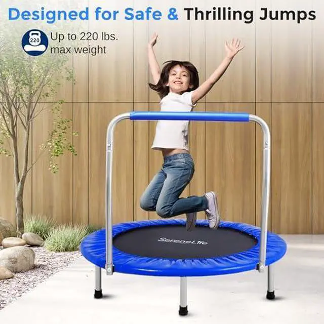 Alt view image 5 of 7 - SereneLife 36" Mini Foldable Toddler Trampoline with Handle Bar, Rebounder Trampoline for Kids, Indoor/Garden Fitness & Play, Exercise Fun, Supports 220 lbs, Deep Blue