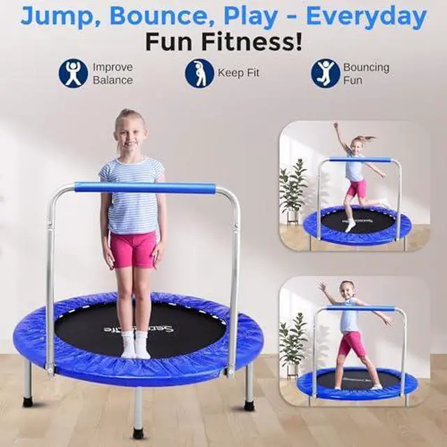 Alt view image 2 of 7 - SereneLife 36" Mini Foldable Toddler Trampoline with Handle Bar, Rebounder Trampoline for Kids, Indoor/Garden Fitness & Play, Exercise Fun, Supports 220 lbs, Deep Blue