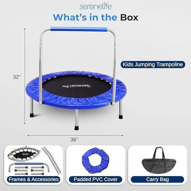 Alt view image 6 of 7 - SereneLife 36" Mini Foldable Toddler Trampoline with Handle Bar, Rebounder Trampoline for Kids, Indoor/Garden Fitness & Play, Exercise Fun, Supports 220 lbs, Deep Blue
