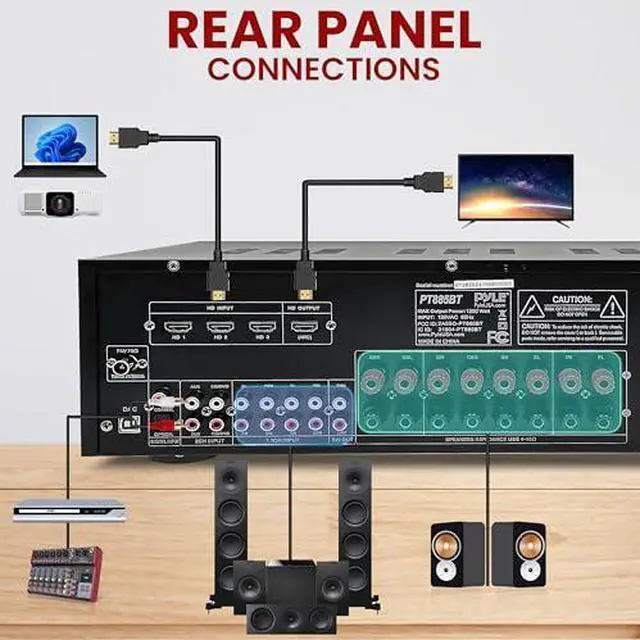 Alt view image 7 of 7 - Pyle Hi-Fi Wireless Bluetooth 5.0 Home Theater Receiver - 7.2 Channel Surround Sound Stereo Amp with ARC Support - MP3/USB/DAC/FM Radio - 1200W PMPO - HDMI - Remote Control - for Home Audio - PT885BT
