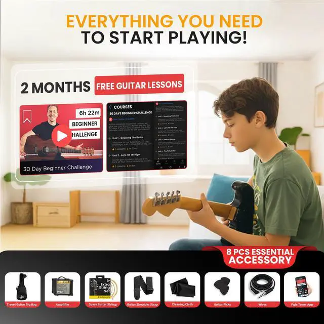 Alt view image 5 of 6 - Pyle Electric Guitar Kit with Amp for Beginners Full Size 39 Instrument Package with Humbucker Pickups and Rock Amplifier Starter Set Bundle for Kids All Ages, Youth and Adults