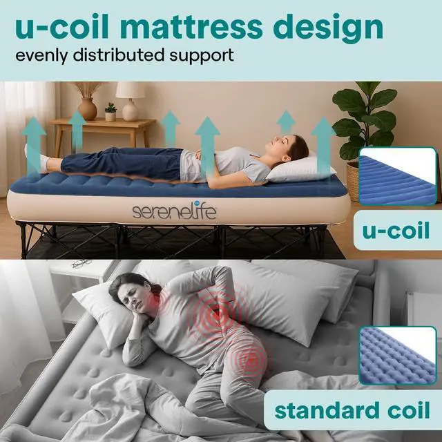 Alt view image 4 of 5 - SereneLife (Twin) EZ Bed Air Mattress with Frame and Rolling Case - 3 Min Self Inflating Air Bed with Upgraded U-Coil Mattress and Premium Soft Flocked Top, Wall Plug AC Powered Inflate and Deflate