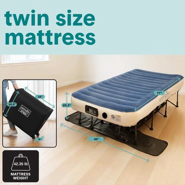 Alt view image 3 of 5 - SereneLife (Twin) EZ Bed Air Mattress with Frame and Rolling Case - 3 Min Self Inflating Air Bed with Upgraded U-Coil Mattress and Premium Soft Flocked Top, Wall Plug AC Powered Inflate and Deflate