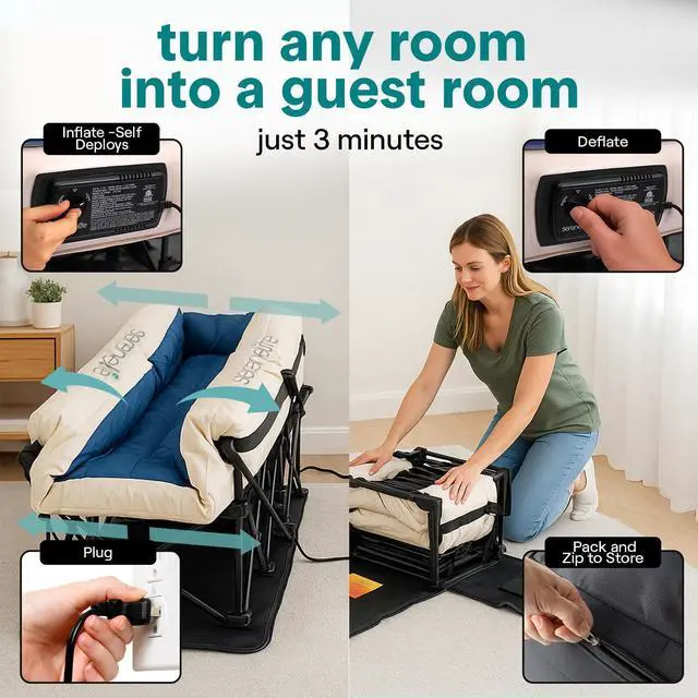 Alt view image 5 of 5 - SereneLife (Twin) EZ Bed Air Mattress with Frame and Rolling Case - 3 Min Self Inflating Air Bed with Upgraded U-Coil Mattress and Premium Soft Flocked Top, Wall Plug AC Powered Inflate and Deflate
