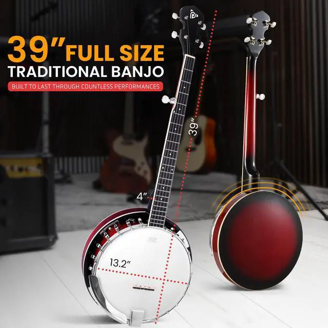 Alt view image 3 of 7 - Pyle 5 String Resonator Banjo - Full Size 24 Bracket, Geared 5th Tuner Professional Instrument w/Remo Drum & Hardwood Back - Full Beginner Starter Kit Gig Bag, Tuner, Strings, Picks, Strap, tools