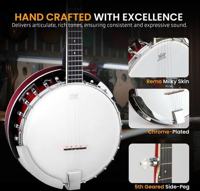 Alt view image 6 of 7 - Pyle 5 String Resonator Banjo - Full Size 24 Bracket, Geared 5th Tuner Professional Instrument w/Remo Drum & Hardwood Back - Full Beginner Starter Kit Gig Bag, Tuner, Strings, Picks, Strap, tools