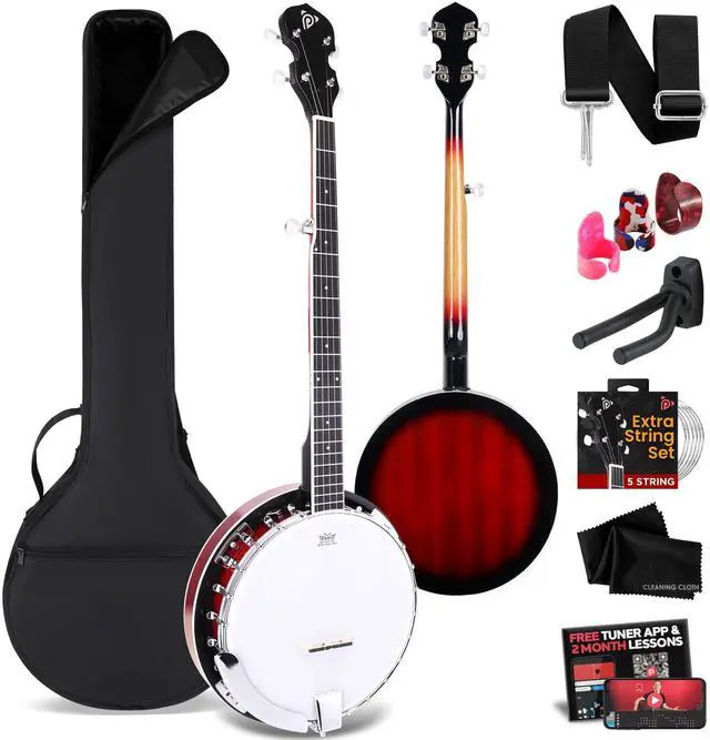 Main image of Pyle 5 String Resonator Banjo - Full Size 24 Bracket, Geared 5th Tuner Professional Instrument w/Remo Drum & Hardwood Back - Full Beginner Starter Kit Gig Bag, Tuner, Strings, Picks, Strap, tools