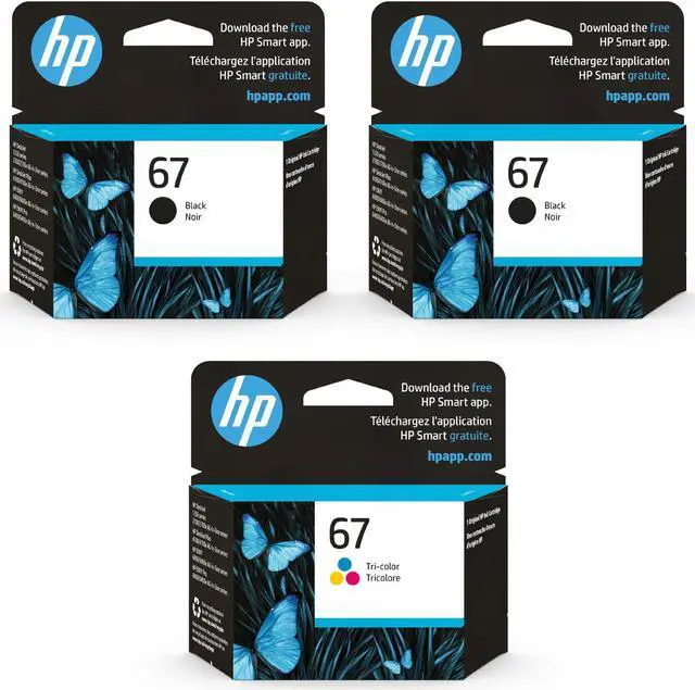 Main image of HP 67 Black, Tri-color Ink Cartridges (3-pack) | Works with DeskJet 1255, 2700, 4100 Series, ENVY 6000, 6400 Series