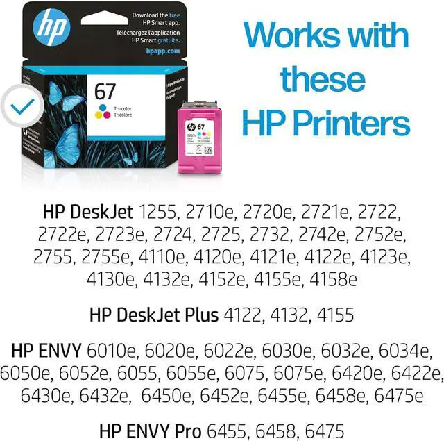 Alt view image 2 of 7 - HP 67 Black, Tri-color Ink Cartridges (3-pack) | Works with DeskJet 1255, 2700, 4100 Series, ENVY 6000, 6400 Series