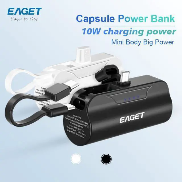 Alt view image 2 of 7 - EAGET EP01 Power Bank with Built-in USB-C Connector, Black, 5,000mAh Portable Charger 5V 2.4A, for iPhone 16/15 Series, Samsung, iPad Pro/Air, and More