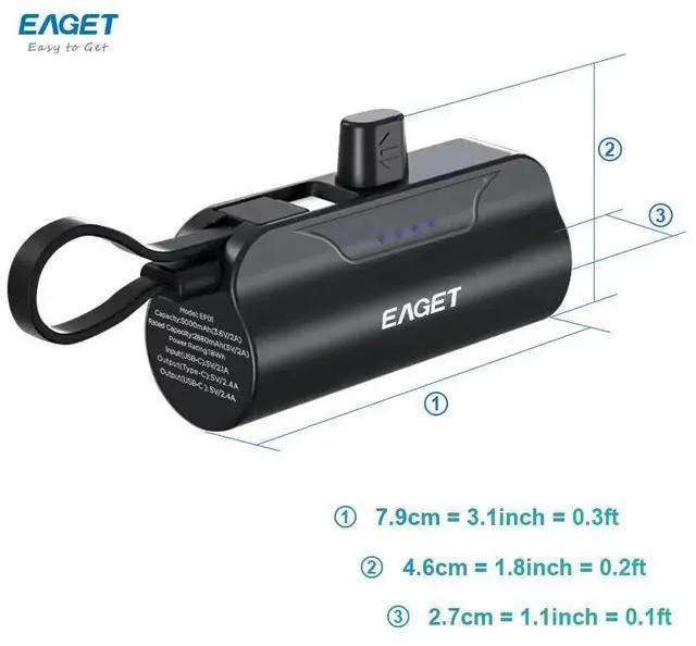 Alt view image 7 of 7 - EAGET EP01 Power Bank with Built-in USB-C Connector, Black, 5,000mAh Portable Charger 5V 2.4A, for iPhone 16/15 Series, Samsung, iPad Pro/Air, and More