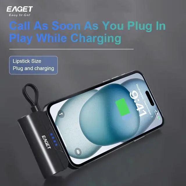 Alt view image 4 of 7 - EAGET EP01 Power Bank with Built-in USB-C Connector, Black, 5,000mAh Portable Charger 5V 2.4A, for iPhone 16/15 Series, Samsung, iPad Pro/Air, and More