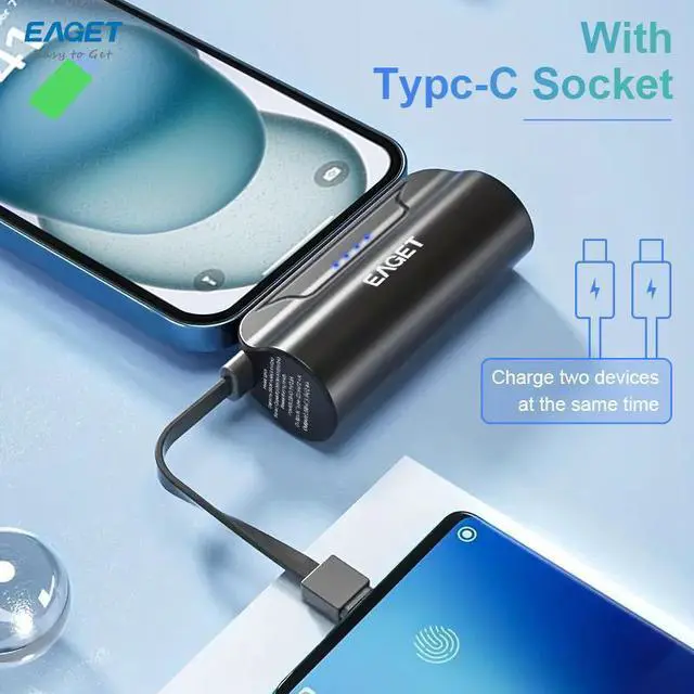 Alt view image 6 of 7 - EAGET EP01 Power Bank with Built-in USB-C Connector, Black, 5,000mAh Portable Charger 5V 2.4A, for iPhone 16/15 Series, Samsung, iPad Pro/Air, and More