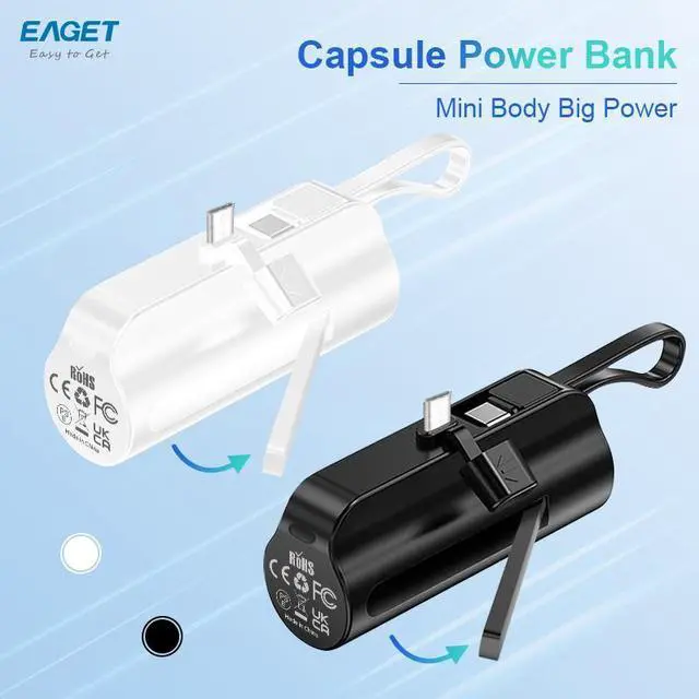 Alt view image 2 of 7 - EAGET EP01R Power Bank with Built-in USB-C Connector, with Stand, White, 5,000mAh Portable Charger 5V 2.4A, for iPhone 16/15 Series, Samsung, iPad Pro/Air, and More