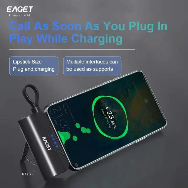 Alt view image 3 of 7 - EAGET EP01R Power Bank with Built-in USB-C Connector, with Stand, Black, 5,000mAh Portable Charger 5V 2.4A, for iPhone 16/15 Series, Samsung, iPad Pro/Air, and More
