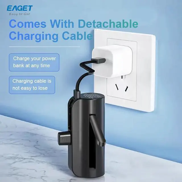 Alt view image 5 of 7 - EAGET EP01R Power Bank with Built-in USB-C Connector, with Stand, Black, 5,000mAh Portable Charger 5V 2.4A, for iPhone 16/15 Series, Samsung, iPad Pro/Air, and More