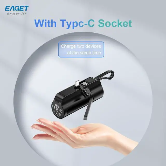 Alt view image 4 of 7 - EAGET EP01R Power Bank with Built-in USB-C Connector, with Stand, Black, 5,000mAh Portable Charger 5V 2.4A, for iPhone 16/15 Series, Samsung, iPad Pro/Air, and More