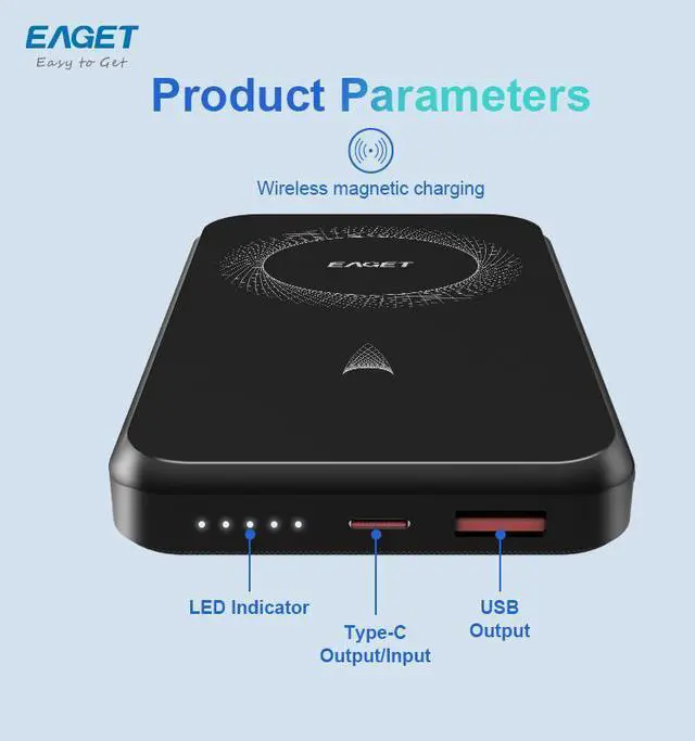 Alt view image 6 of 7 - EAGET EP06 Magnetic Power Bank, 10,000mAh Wireless Portable Charger, PD18W Fast Charging Battery Pack with USB-C for Magsafe, iPhone 16/16 Pro/15/15 Plus/15Pro/15 Pro Max, iPhone14/13/12 Series, Black