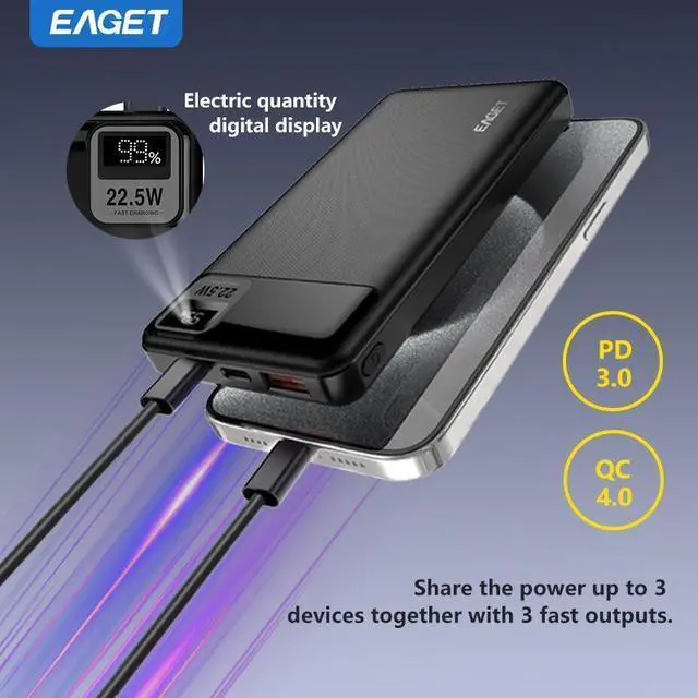 Alt view image 4 of 7 - EAGET EP04 Portable Charger, 10000mAh Power Bank, USB C in/Output Fast Charging 3-Output Mini Battery Pack Charger for iPhone 16 15 14 13 12 Samsung S23 Google iPad Tablet