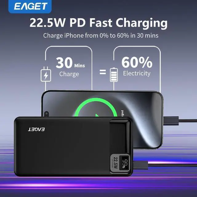 Alt view image 5 of 7 - EAGET EP04 Portable Charger, 10000mAh Power Bank, USB C in/Output Fast Charging 3-Output Mini Battery Pack Charger for iPhone 16 15 14 13 12 Samsung S23 Google iPad Tablet