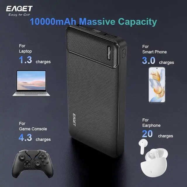 Alt view image 6 of 7 - EAGET EP02 10000mAh Dual USB Portable Charger, USB-C Fast Charging Power Bank, Slim Backup Charger Battery Pack Compatible with iPhone 16/15/14/13 Galaxy S24/22 Google iPad Android, White