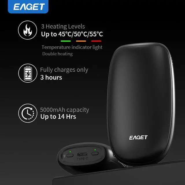 Alt view image 4 of 7 - EAGET EP03 Hand Warmers Rechargeable, 5000mAh Electric Hand Warmer Dual-Sided Heating 14Hrs Warmth 3 Heating Level USB-C Portable Pocket Heater for Raynauds, Hunting, Golf, Camping