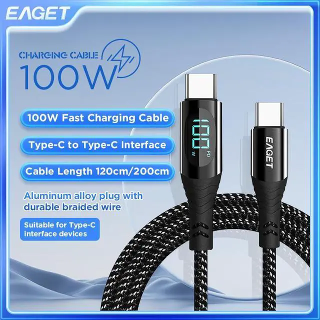 Main image of EAGET USB C Cable 2 Pack - Nylon Type C to Type C Cable 6ft 100W, Durable PD Charging for MacBook Pro, for iPad Pro, for Galaxy S20, and Other USB C Charger 3.3 ft.