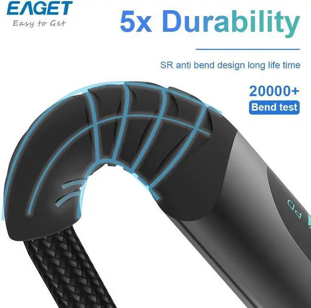 Alt view image 4 of 7 - EAGET USB C Cable 2 Pack - Nylon Type C to Type C Cable 6ft 100W, Durable PD Charging for MacBook Pro, for iPad Pro, for Galaxy S20, and Other USB C Charger 3.3 ft.