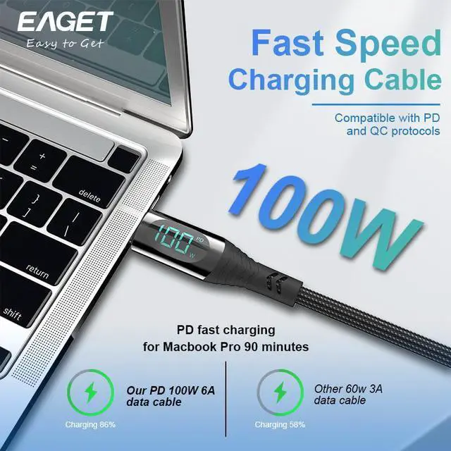 Alt view image 2 of 7 - EAGET USB C Cable 2 Pack - Nylon Type C to Type C Cable 6ft 100W, Durable PD Charging for MacBook Pro, for iPad Pro, for Galaxy S20, and Other USB C Charger 3.3 ft.
