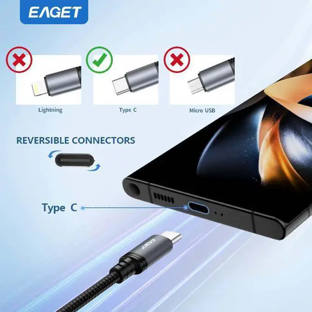 Alt view image 2 of 7 - EAGET EU404 6ft USB C Cable Superspeed USB 2.0 A to USB C Android Auto Cable, Fast Charging & Data Transfer Type C Charger Cord for iPhone 16/15 CarPlay Galaxy S24/S23/S22/S21 2m