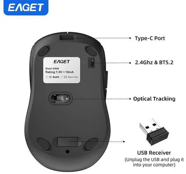 Alt view image 3 of 7 - Eaget EM08 Silent 2.4G and Bluetooth Mouse Dual Mode, Compact and Portable, Optical Tracking, Built-in Battery for Windows, macOS, ChromeOS, Compatible with PC, Mac, Laptop, Tablet (Green)