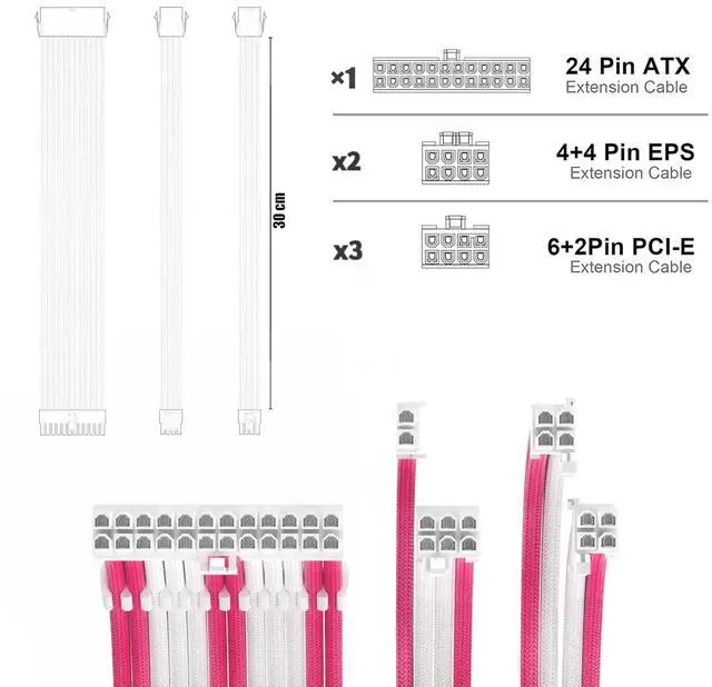 Alt view image 2 of 5 - PSU Cable Extension Kit 30CM Length with Cable Combs,1x24Pin/2x8Pin(4+4) EPS/3x8Pin(6P+2P) PCI-E/PC Sleeved Cable for ATX Power Supply,Pink/White