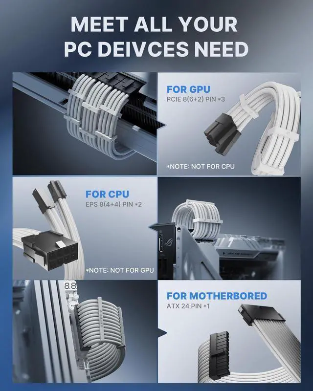 Alt view image 5 of 7 - AsiaHorse 16AWG Pro Power Supply Sleeved Cable, White Power Supply Extension Cable Dual EPS Kit, 1x24-PIN/ 2x8-PORT (4+4) M/B,3x8-PORT (6+2) PCI-E, 30cm Length with 2 Set of Combs