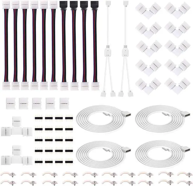 Main image of 4Pin RGB LED Strip Connector Kit - Include 5050 2 Way RGB Splitter Cable, 6.6feet RGB Extension Cable, RGB Controller Jumper, LED RGB Jumper, L and T Shape Connectors, Male Connector, LED Strip Clip