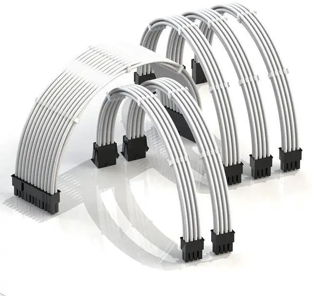 Main image of LINKUP - AVA 30cm PSU Cable Extension Sleeved Custom Mod GPU PC Braided w/Comb Kit - Compatible with RTX3090 | 1 x 24 P (20+4) | 2 x 8 P (4+4) CPU | 3 x 8 P (6+2) GPU Set | 300mm - White