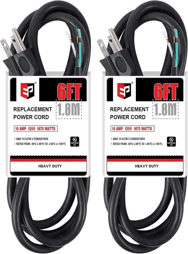 Main image of EP 2 Pack 6 ft 14/3C SJTW Appliance and Power Tool Cord, 14 Gauge 3 Prong Heavy Duty Replacement Power Supply Cord Cable, 110V 115V 120V AC Pigtail, 15A, 1875w