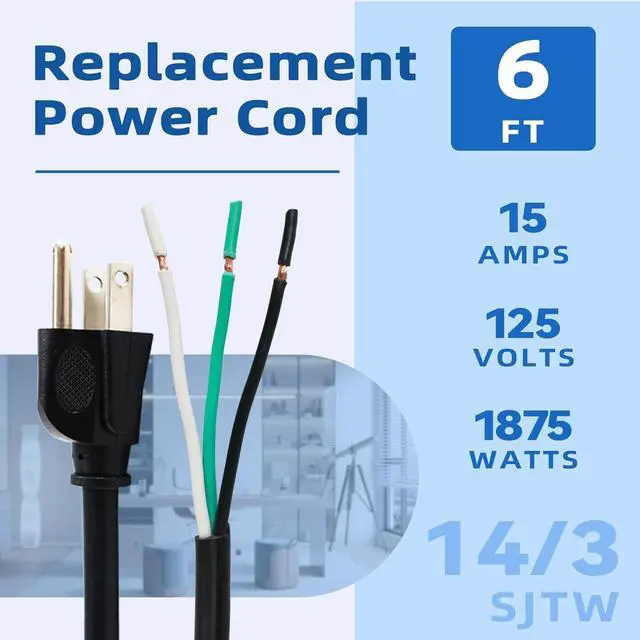 Alt view image 2 of 7 - EP 2 Pack 6 ft 14/3C SJTW Appliance and Power Tool Cord, 14 Gauge 3 Prong Heavy Duty Replacement Power Supply Cord Cable, 110V 115V 120V AC Pigtail, 15A, 1875w