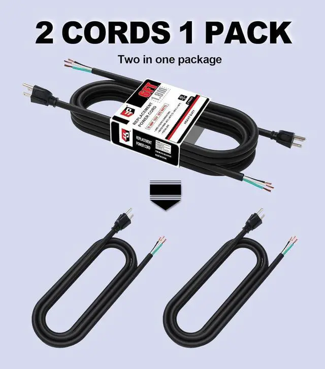 Alt view image 3 of 7 - EP 2 Pack 6 ft 14/3C SJTW Appliance and Power Tool Cord, 14 Gauge 3 Prong Heavy Duty Replacement Power Supply Cord Cable, 110V 115V 120V AC Pigtail, 15A, 1875w