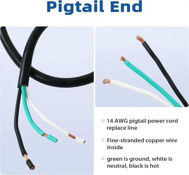 Alt view image 4 of 7 - EP 2 Pack 6 ft 14/3C SJTW Appliance and Power Tool Cord, 14 Gauge 3 Prong Heavy Duty Replacement Power Supply Cord Cable, 110V 115V 120V AC Pigtail, 15A, 1875w