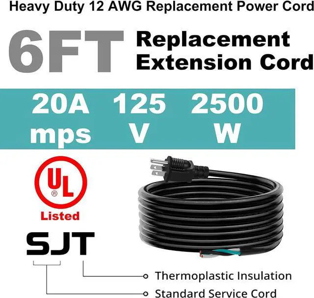 Alt view image 2 of 7 - 6 FT 12 AWG 3 Prong Replacement Power Cord, 20 Amp 12 Gauge 3 Conductor Wire Extension Cable with Pigtail Open Wiring End
