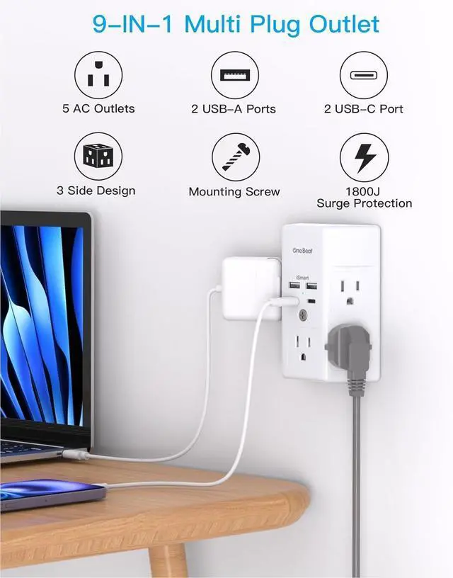 Alt view image 2 of 7 - Multi Plug Outlet, Surge Protector, 5 Outlet Extender with 4 USB Charging Ports (2 USB C), USB C Wall Charger, 3-Sided 1800J Power Strip Outlets Splitter Wall Plug Adapter Spaced for Dorm Home Office