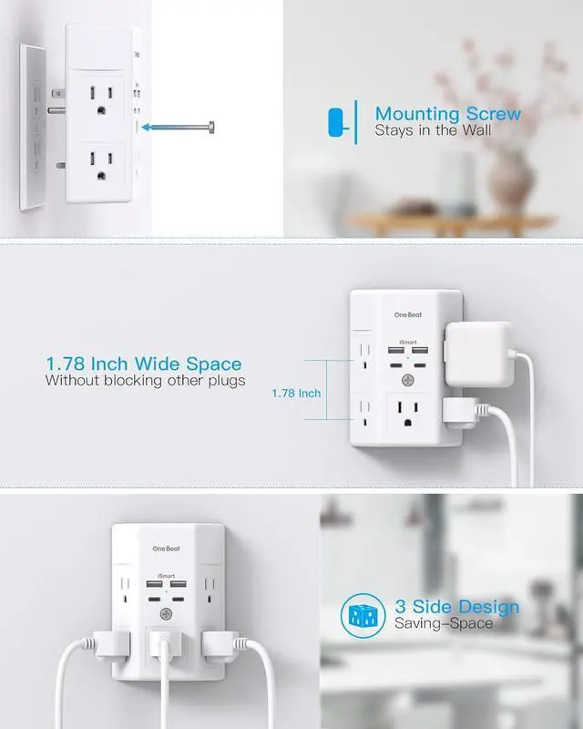 Alt view image 4 of 7 - Multi Plug Outlet, Surge Protector, 5 Outlet Extender with 4 USB Charging Ports (2 USB C), USB C Wall Charger, 3-Sided 1800J Power Strip Outlets Splitter Wall Plug Adapter Spaced for Dorm Home Office