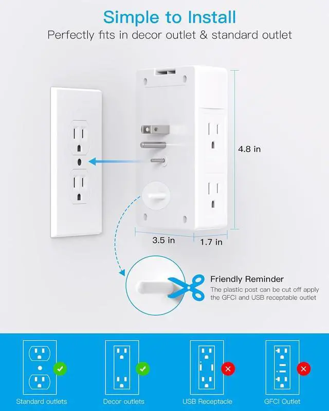 Alt view image 6 of 7 - Multi Plug Outlet, Surge Protector, 5 Outlet Extender with 4 USB Charging Ports (2 USB C), USB C Wall Charger, 3-Sided 1800J Power Strip Outlets Splitter Wall Plug Adapter Spaced for Dorm Home Office