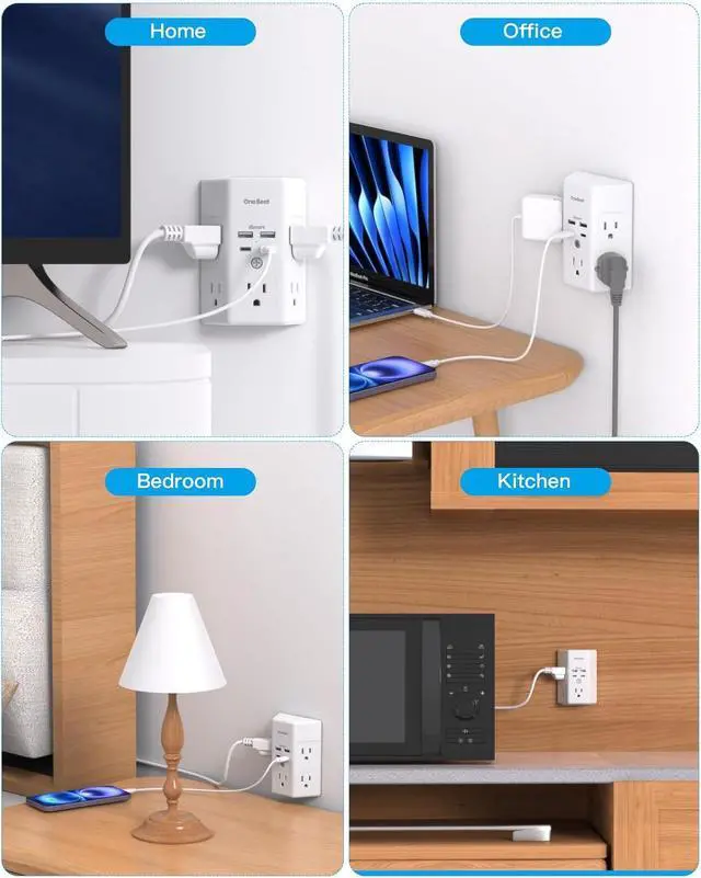 Alt view image 7 of 7 - Multi Plug Outlet, Surge Protector, 5 Outlet Extender with 4 USB Charging Ports (2 USB C), USB C Wall Charger, 3-Sided 1800J Power Strip Outlets Splitter Wall Plug Adapter Spaced for Dorm Home Office
