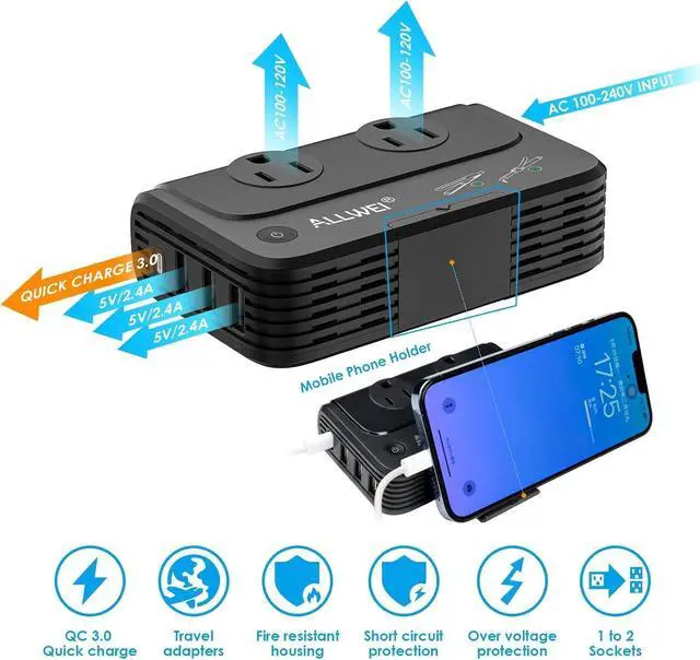 Alt view image 4 of 7 - ALLWEI Travel Voltage Converter 220V to 110V Power International Travel Adapter for Hair Straightener/Curling Iron, Universal Power Plug Adapter UK, US, AU, EU, IT, India (Black)